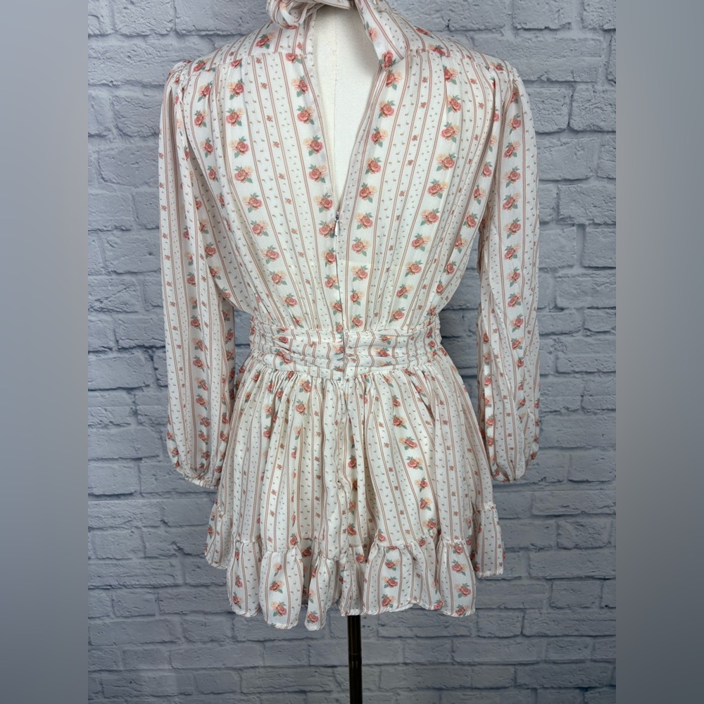 Anthropologie Let Me Be Pink Floral Combo Tie Mockneck Sheer Minidress  size XS - Picture 9 of 10